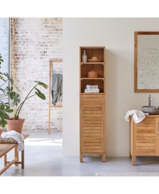 Solid Natural Teak Wood Bathroom Cabinet Tower Storage Adjustable Shelves