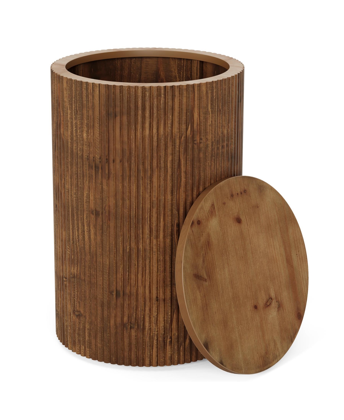Tribesigns Solid Wood Round Side Table with Storage Set of 2, No-Assembly Fluted End Table with 4 Wheels, Wooden Nightstand