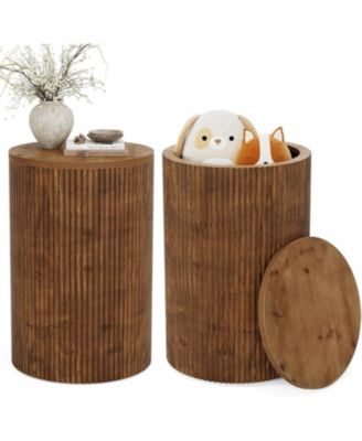 Solid Wood Round Side Table with Storage Set of 2, No-Assembly Fluted End Table with 4 Wheels, Wooden Nightstand