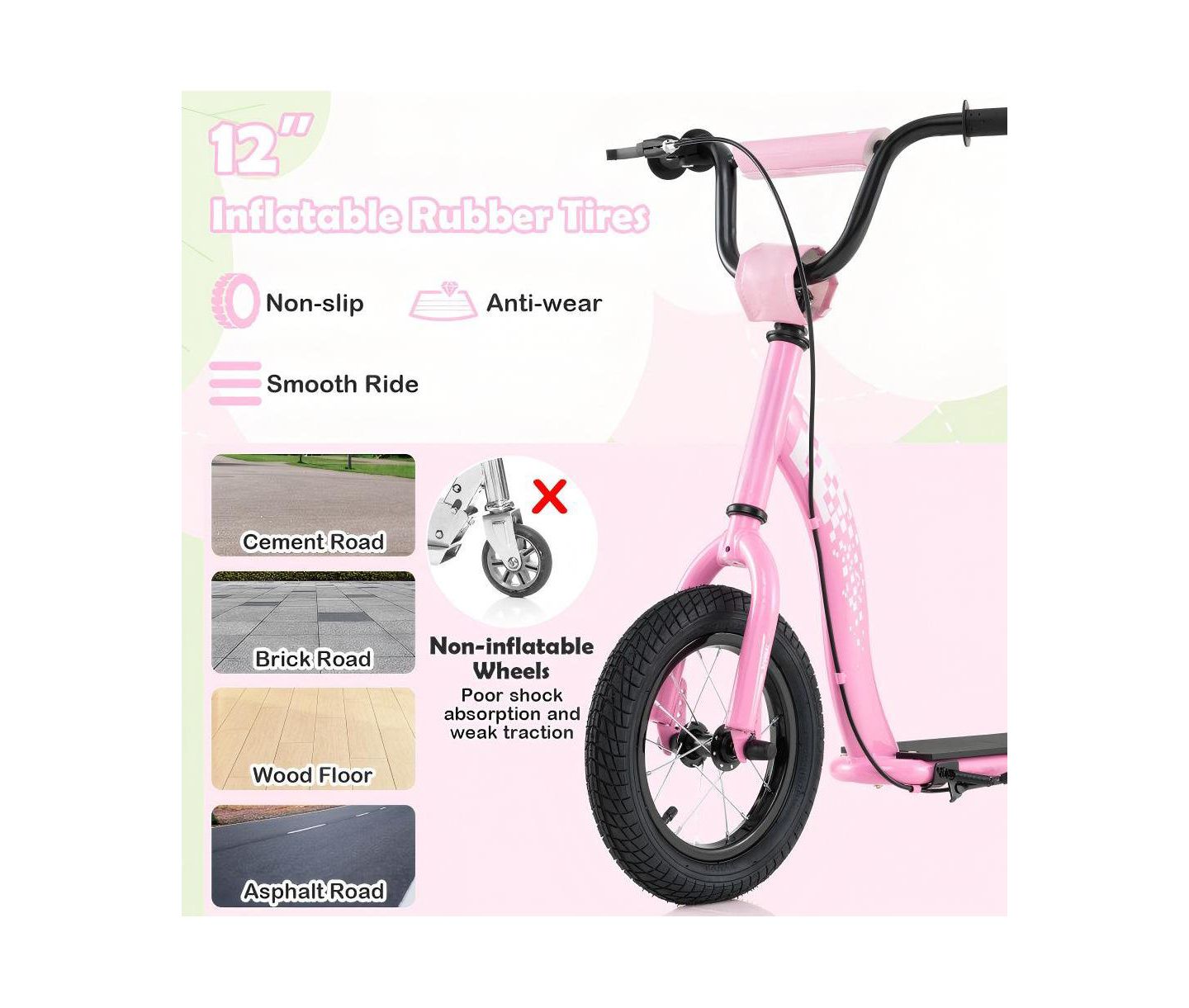 Детская игрушка HONGGE Adjustable Kick Scooter with Inflatable Tires and Rear Brake, 165 lbs Capacity, Ages 8+, цвет: Розовый — фото 10