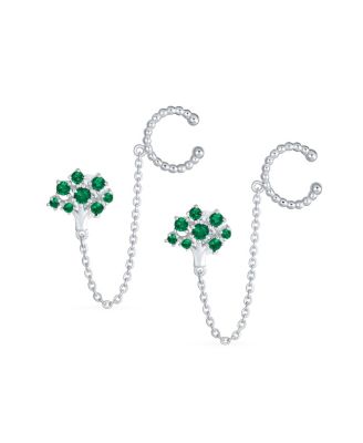 Green CZ Family Tree of Life Ear Cuff Chain Stud Earrings .925 Sterling Silver