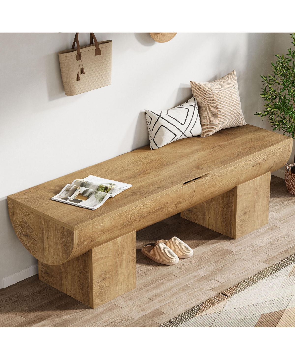 Tribesigns Storage Bench with Safety Hinges, 55 Inch Farmhouse Shoe Bench with Flip-Top, Natural