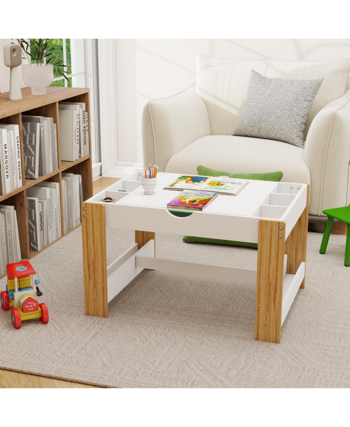 Flynama White Kids 2 in 1 Play Table with 7 Storage Compartments Lego Compatible Building Surface and Whiteboard Modern Activity Learning Furniture