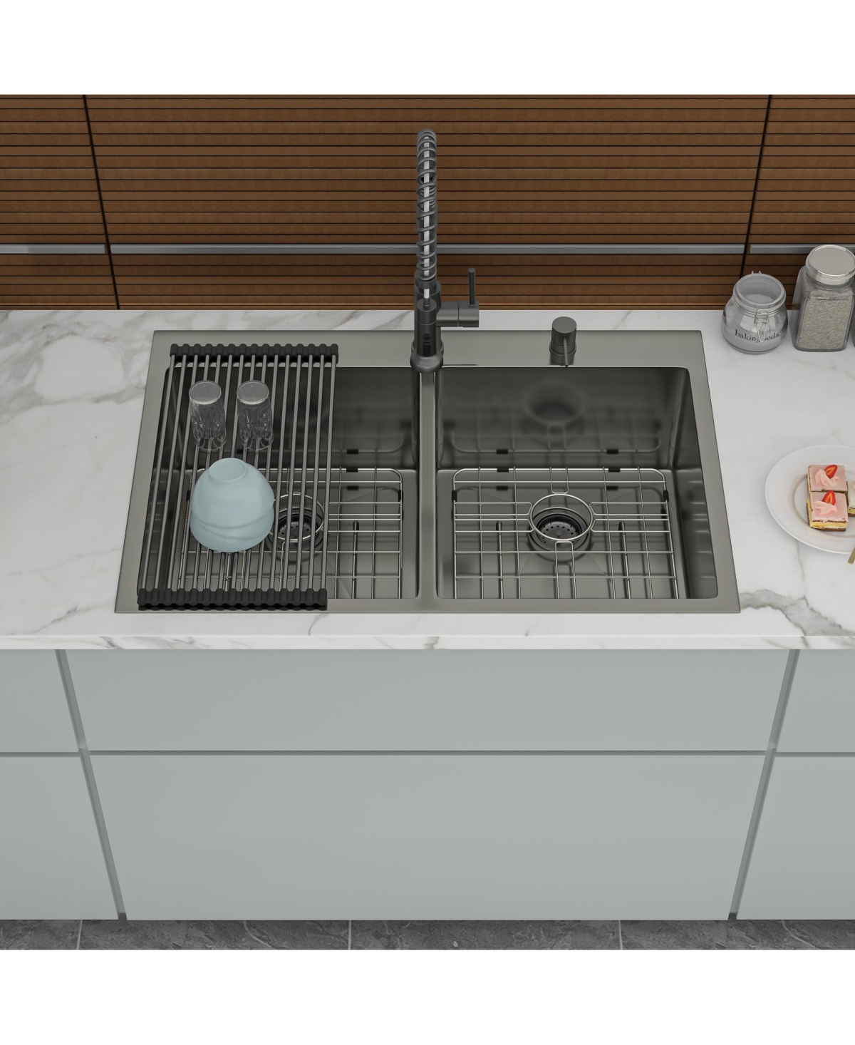 Flynama 33" x 22" Gunmetal Black Double Bowl Drop-In Kitchen Sink, 16-Gauge T304 Nano Stainless Steel, Two 10" Deep Basins