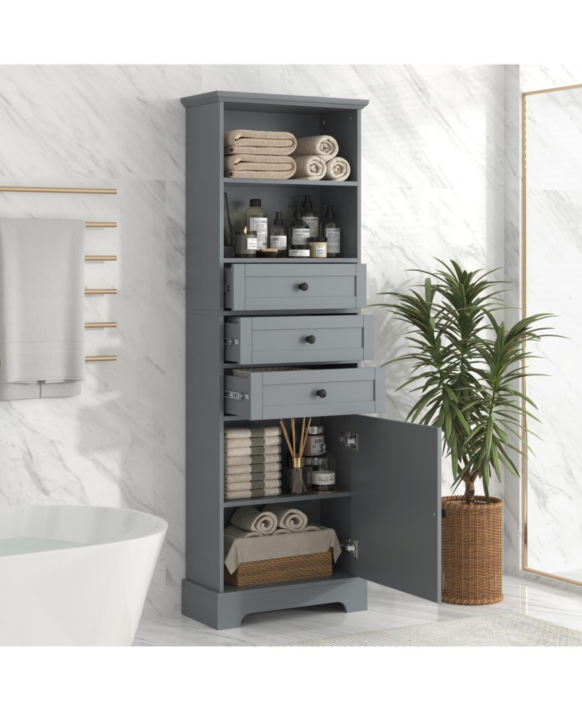 Rainsken Bathroom Storage Cabinet, with 3 Drawers and Adjustable Shelves, Modern Cabinet