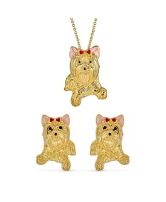 Yorkshire Shih Tzu Dog Stud Earrings Pendant or Brooch Jewelry Set Gold Plated