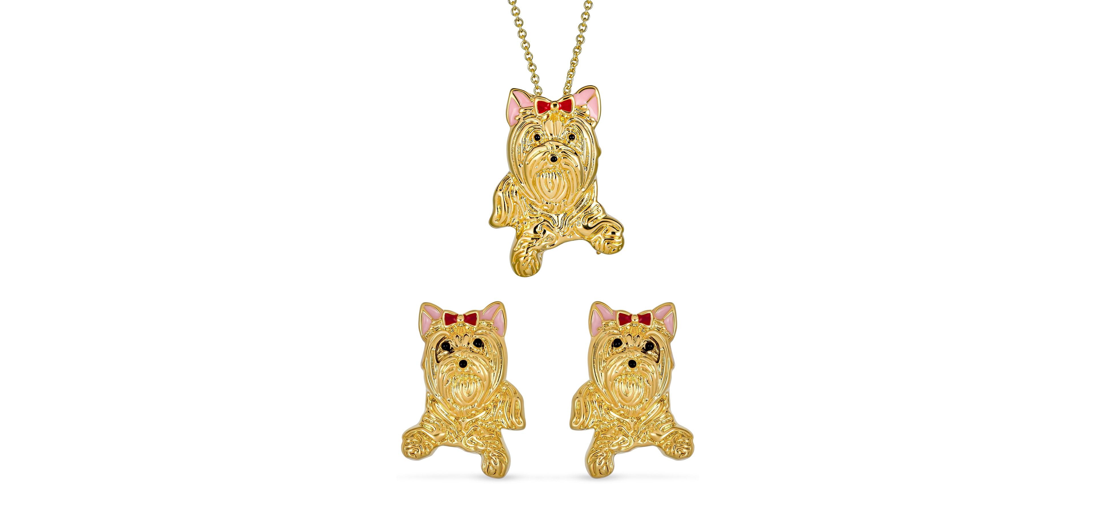 Bling Jewelry Yorkshire Shih Tzu Dog Stud Earrings Pendant or Brooch Jewelry Set Gold Plated