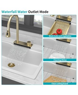 33x22x10inch White Composite Granite Quartz Drop In Single Bowl Workstation Waterfall Kitchen Sink with Pull Down Faucet