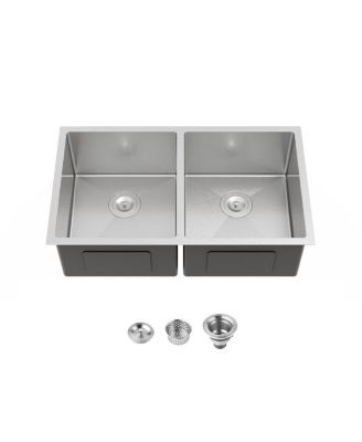 33x19inch Double Bowl Kitchen Sink Undermount Stainless Steel Brushed Finish Handmade