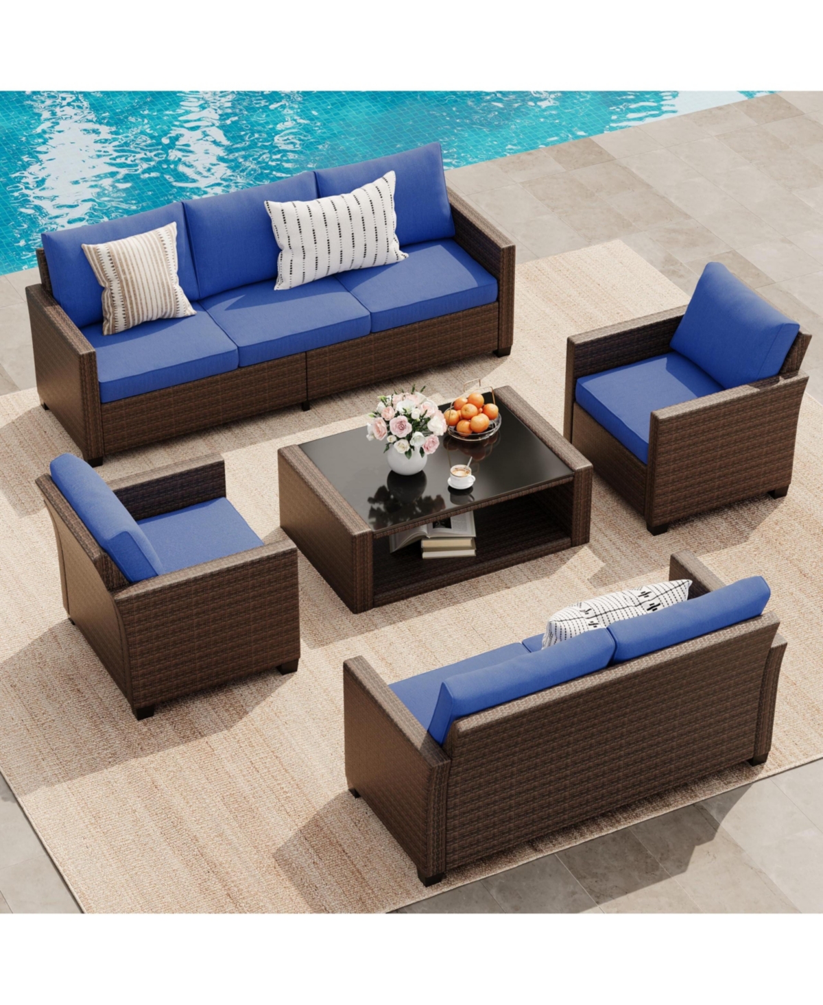 Patio Furniture Set 5 Pieces, Rattan Wicker Sectional Patio Seating Sofas with Cushions and Glass Coffee Table