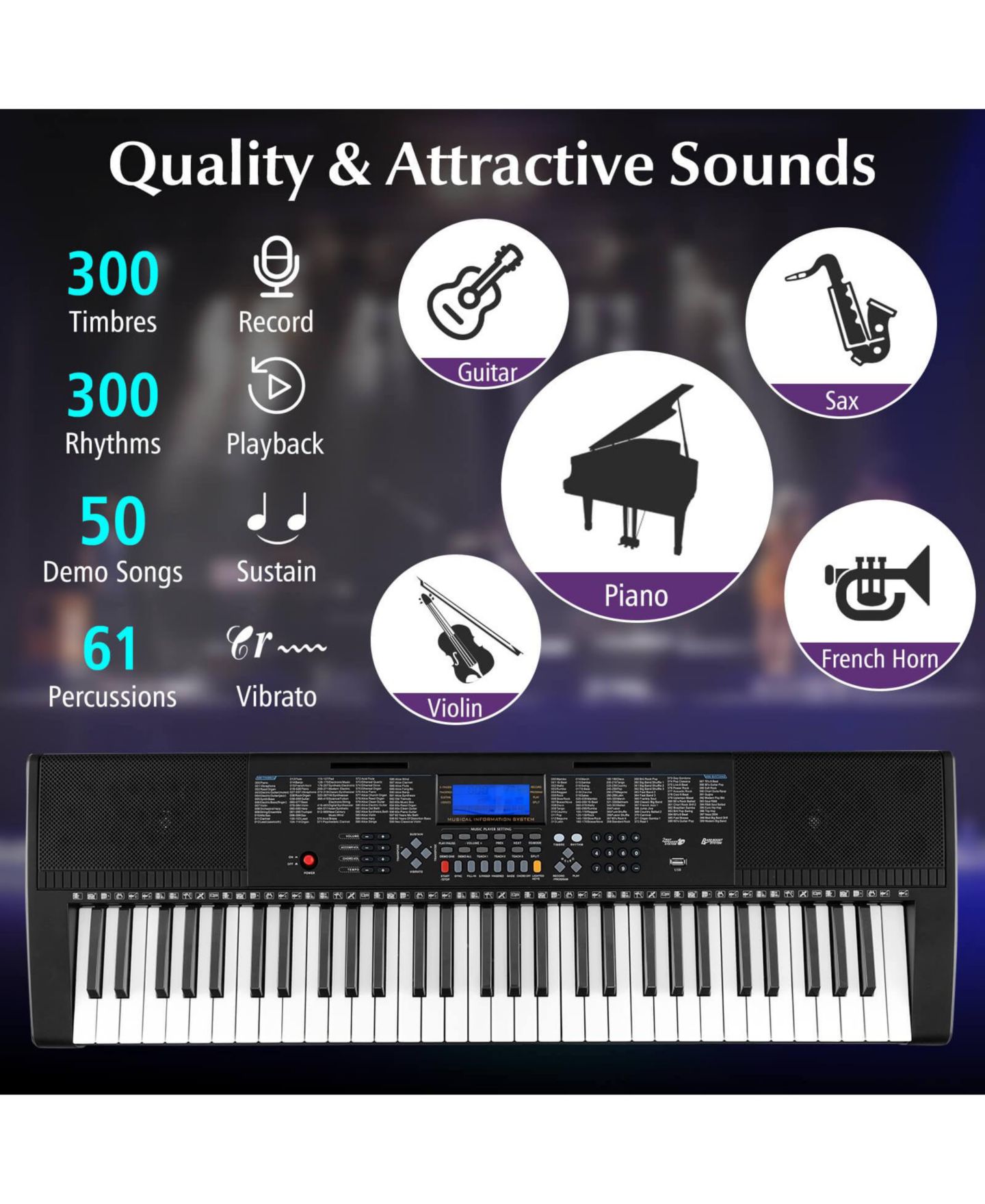 Детские игрушки Costway 61-Key Electric Piano Keyboard with 3 Teaching Modes and Lighted Keys, 7-Piece Set, Ages 5+, цвет: Чёрный — фото 4