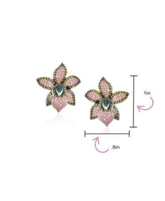 3D Floral Pave CZ Green Pink Orchid Flower Earrings Cubic Zirconia Silver Plated