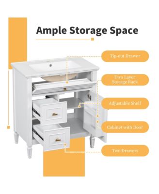 30 in. Bathroom Vanity Cabinet with Sink, One Flip Drawer and Two Drawers, Adjustable Shelf, Solid Wood and MDF