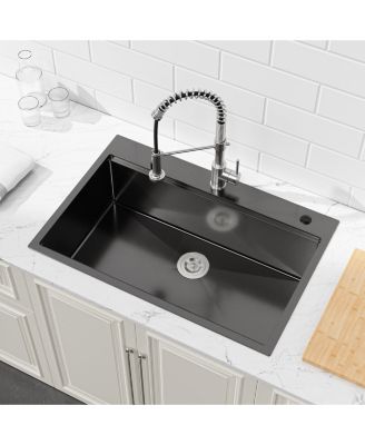 30x22inch Black Stainless Steel Kitchen Sink Single Bowl Overmount Handmade