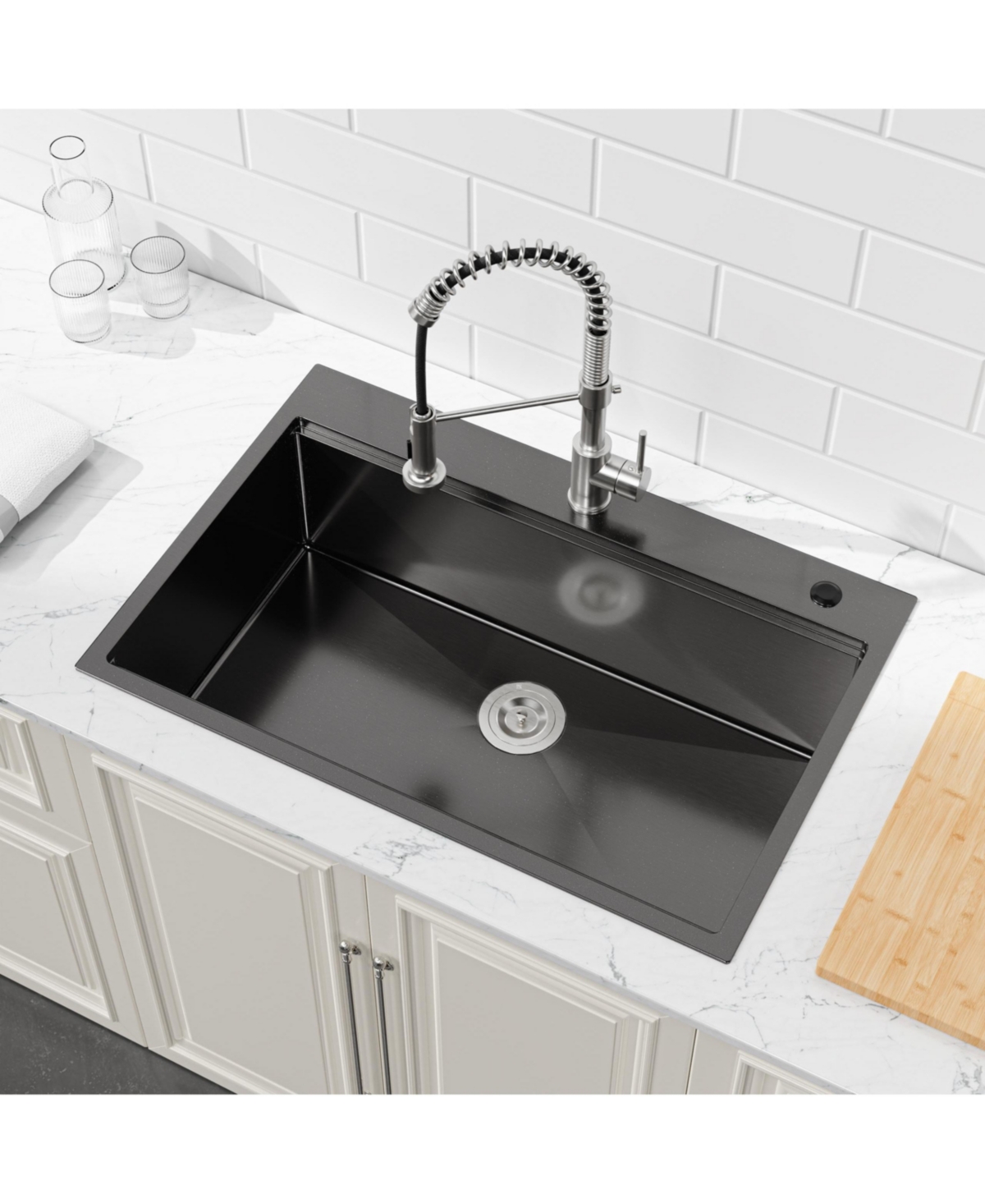 flynama 30x22inch Black Stainless Steel Kitchen Sink Single Bowl Overmount Handmade