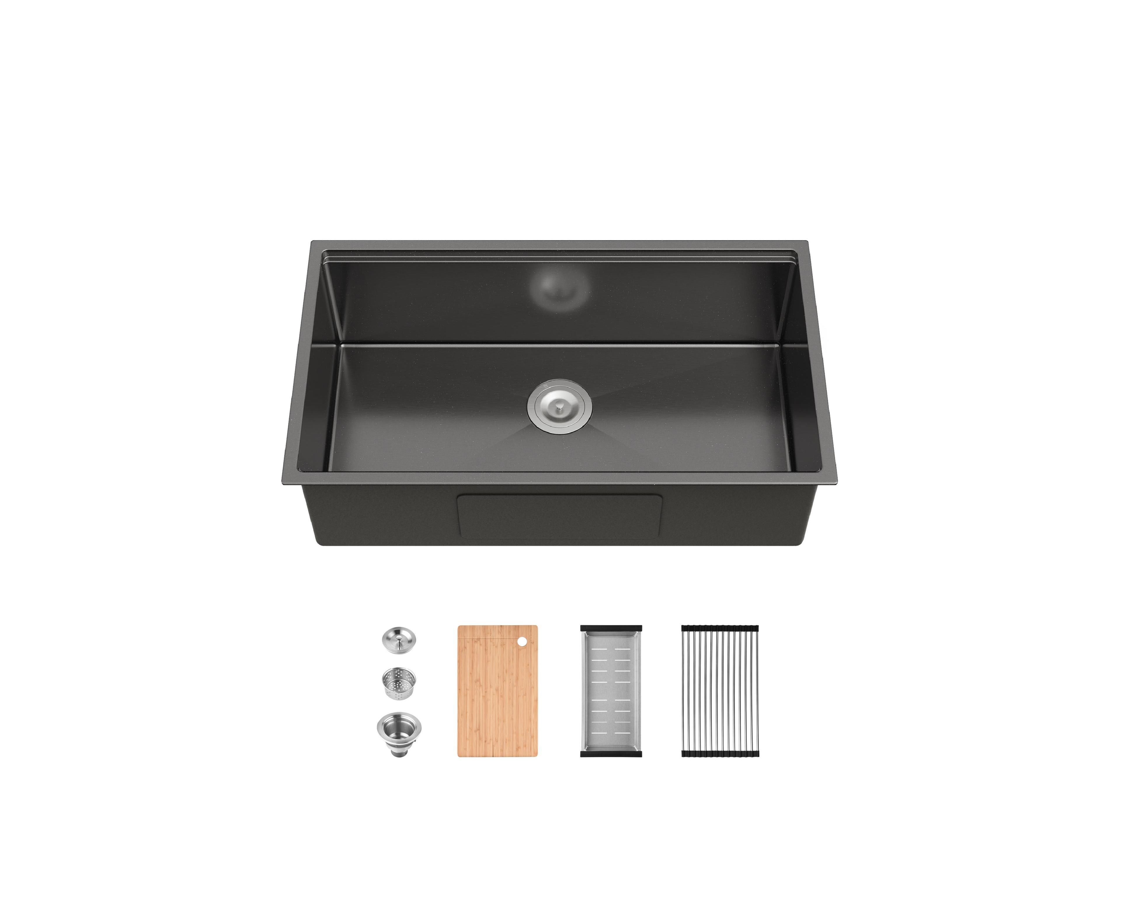 flynama 33inch Undermount Single Bowl Brushed 304 Stainless Steel Handmade Kitchen Sink with Cutting Board and Colander