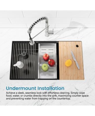 30inch Undermount Single Bowl Black 304 Stainless Steel Handmade Kitchen Sink with Cutting Board and Colander