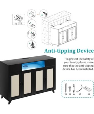 Rattan Sideboard Buffet Cabinet, 4 Doors 2 Drawers, Built-in Power Outlet, Adjustable Shelves, Kitchen, Dining Room, Black