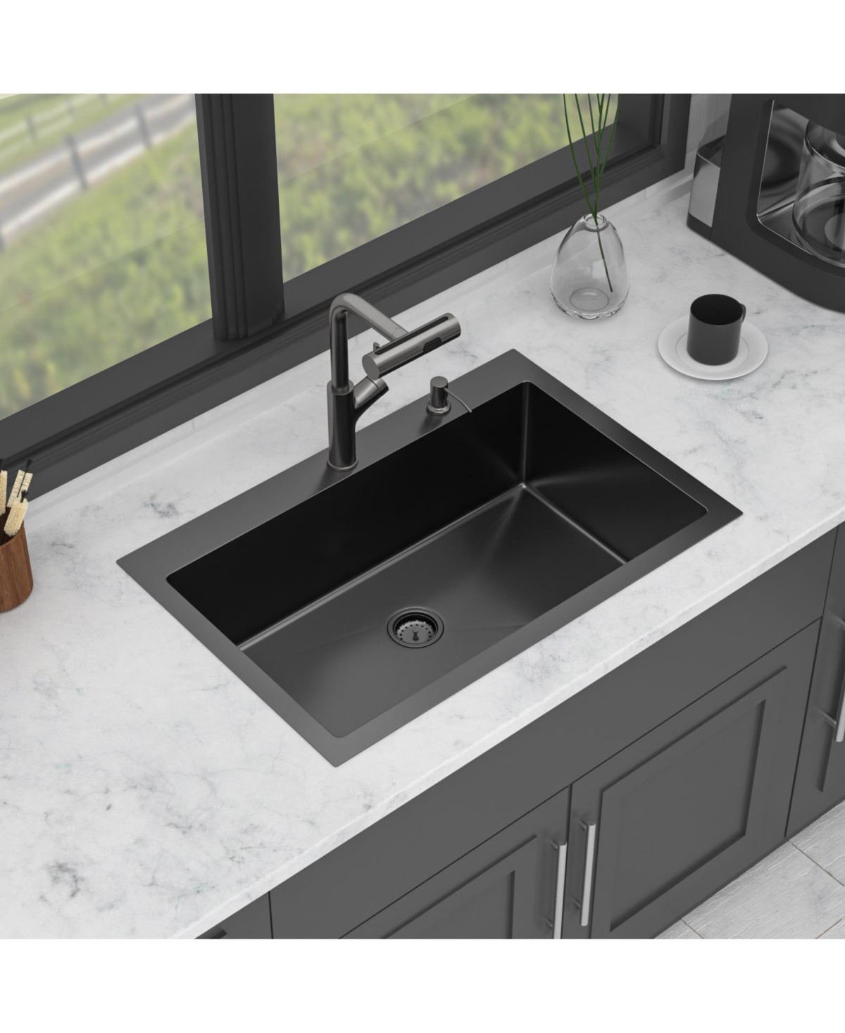 flynama 33x22x10inch Gunmetal Black Kitchen Sink with Pull Out Faucet Soap Dispenser Stainless Steel