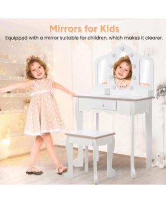 Kids Vanity Set with 3 Mirrors, Pretend Play Girls Vanity Table and Chair Set with Lighted Mirror, Stool, and Wood Makeup Playset