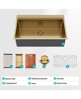 huluwat 36x22x10inch Drop in Gold Kitchen Sink Workstation Stainless Steel Single Bowl 16 Gauge