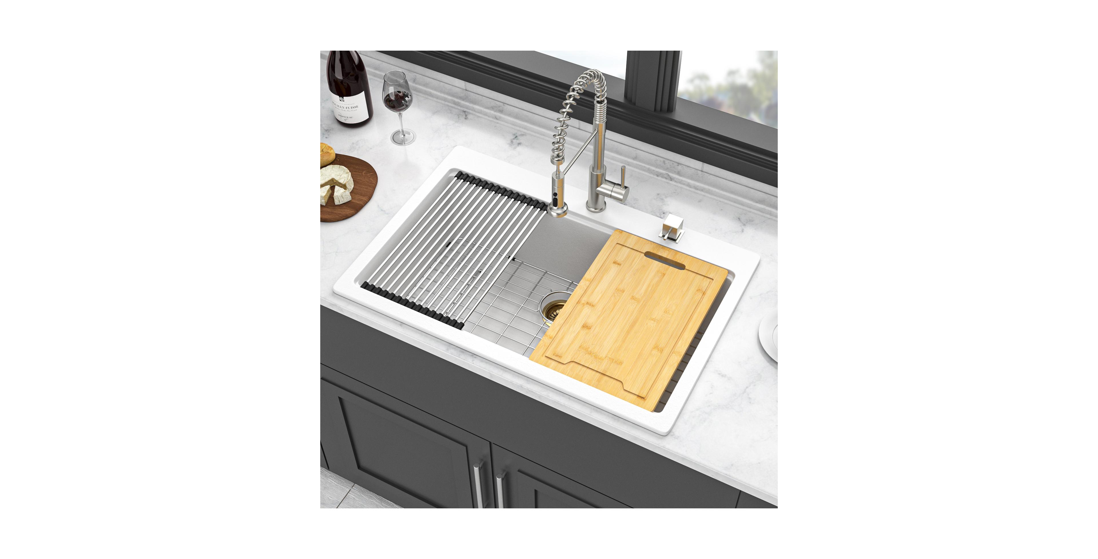 flynama 33x22x9.65inch White Quartz Composite Kitchen Sink Workstation Drop In Granite