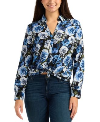 Juniors' Floral Printed Collared Top
