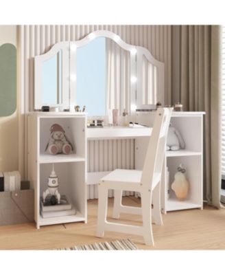 Kids Vanity with Lights,2 in 1 Princess Makeup Desk & Chair Set, Lighted Mirror, Storage Shelves & Cabinet