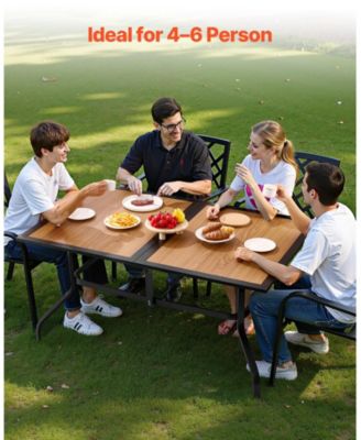 59" Rectangular Outdoor Patio Dining Table, Wood-Like Steel Slat Bistro Table for 4-6 with 1.5" Umbrella Hole, Brown