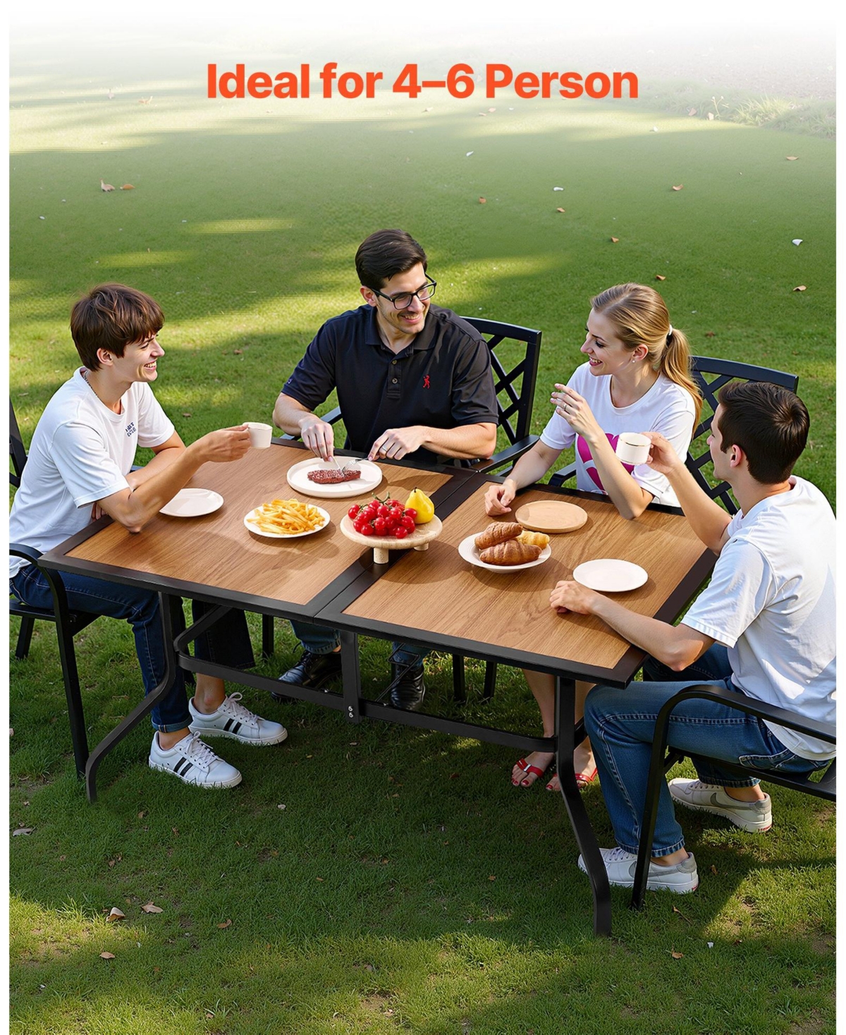 Mecale 59" Rectangular Outdoor Patio Dining Table, Wood-Like Steel Slat Bistro Table for 4-6 with 1.5" Umbrella Hole, Brown