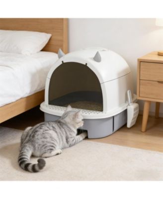 Easy to Clean Cat Litter Box in Grey and White