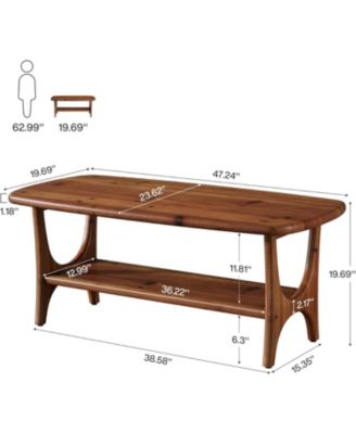Solid Wood Coffee Table, 47.24” Mid-Century Modern Rectangle Living Room Table, 2-Tier Center Table for Living Room