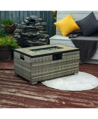Rattan Fire Pit Table with Tank Holder and Ceramic Tile Tabletop