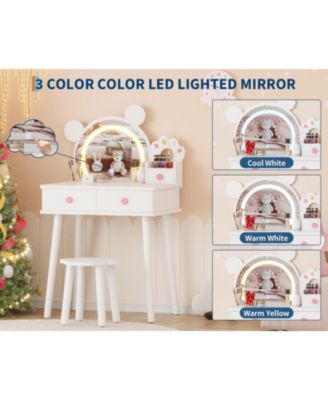 Lighted Mirror Kids Vanity Table and Chair Set - Wooden Princess Makeup Desk with Storage Drawers, Touch Control LED for Girls