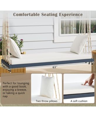 Patio Wooden Swing Chair, Hanging Porch Swing Bench with Cushion&Pillows, 10.8Ft Hemp Ropes for Garden,Backyard, Lawn,Gray