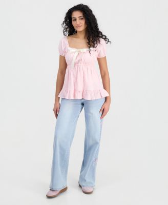 Juniors' Ribbon-Trim Puff-Sleeve Peasant Top