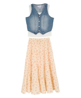 Rare Editions Girls' 7-12 Denim Sleeveless Vest, Cami Top and Printed Skirt, 3-Piece Set