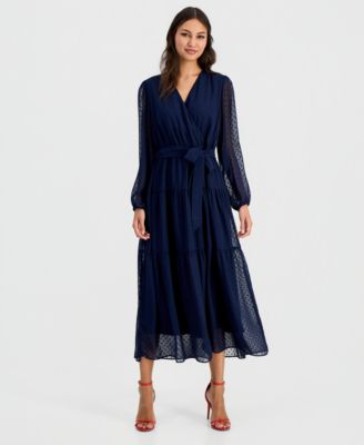 Women's Swiss Dot Blouson-Sleeve Maxi Dress