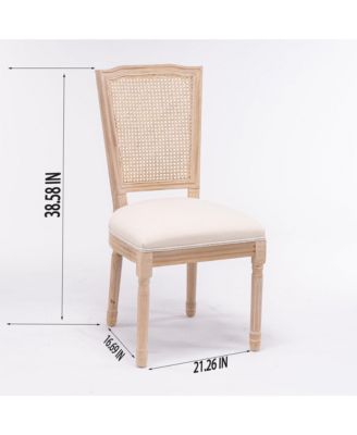 French Style Solid Wood Frame Linen Fabric Square Rattan Back Dining Chair,Set of 2,Cream