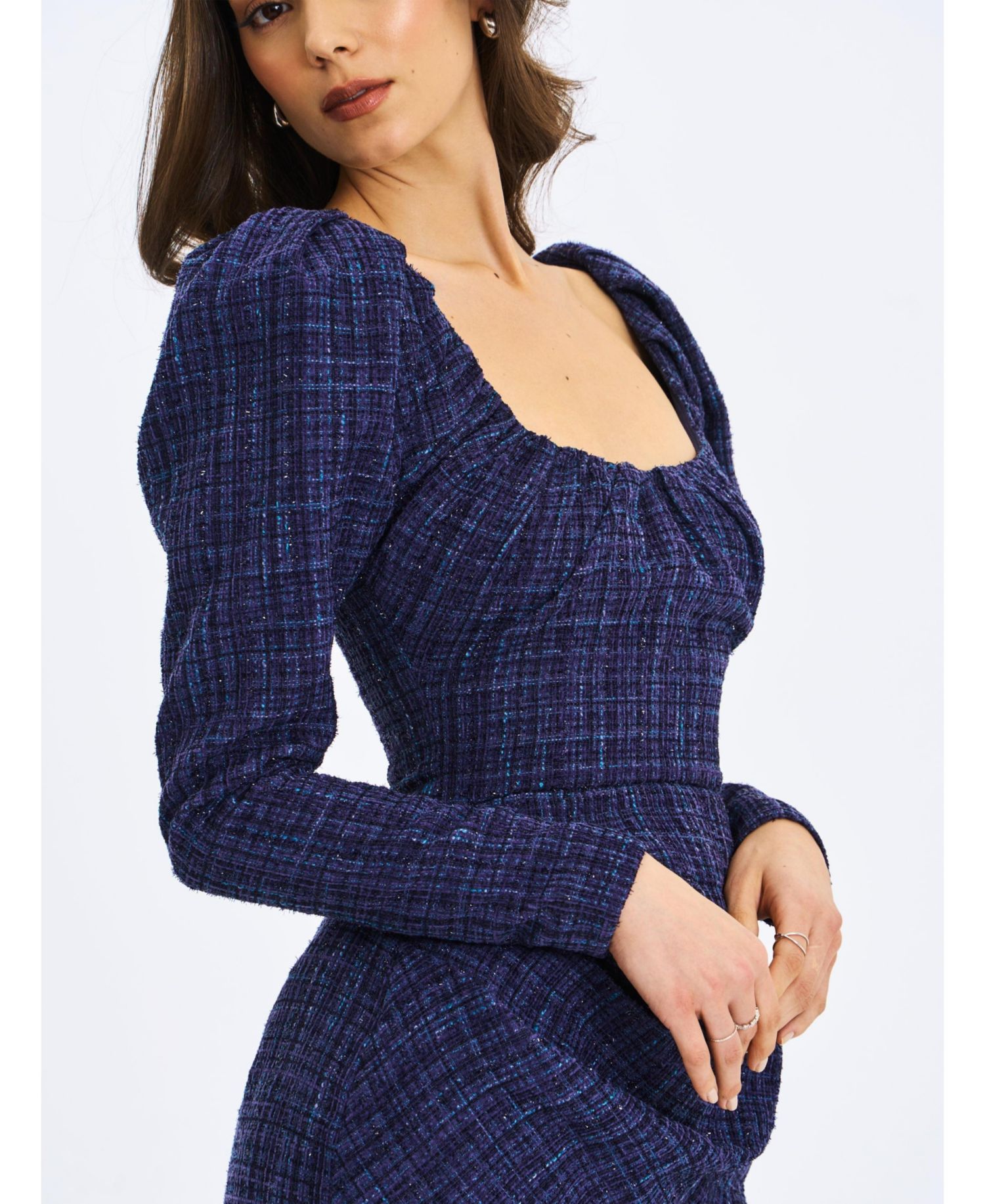 Women's Denise Navy Tweed Ruched Puff Sleeve Mini Dress
