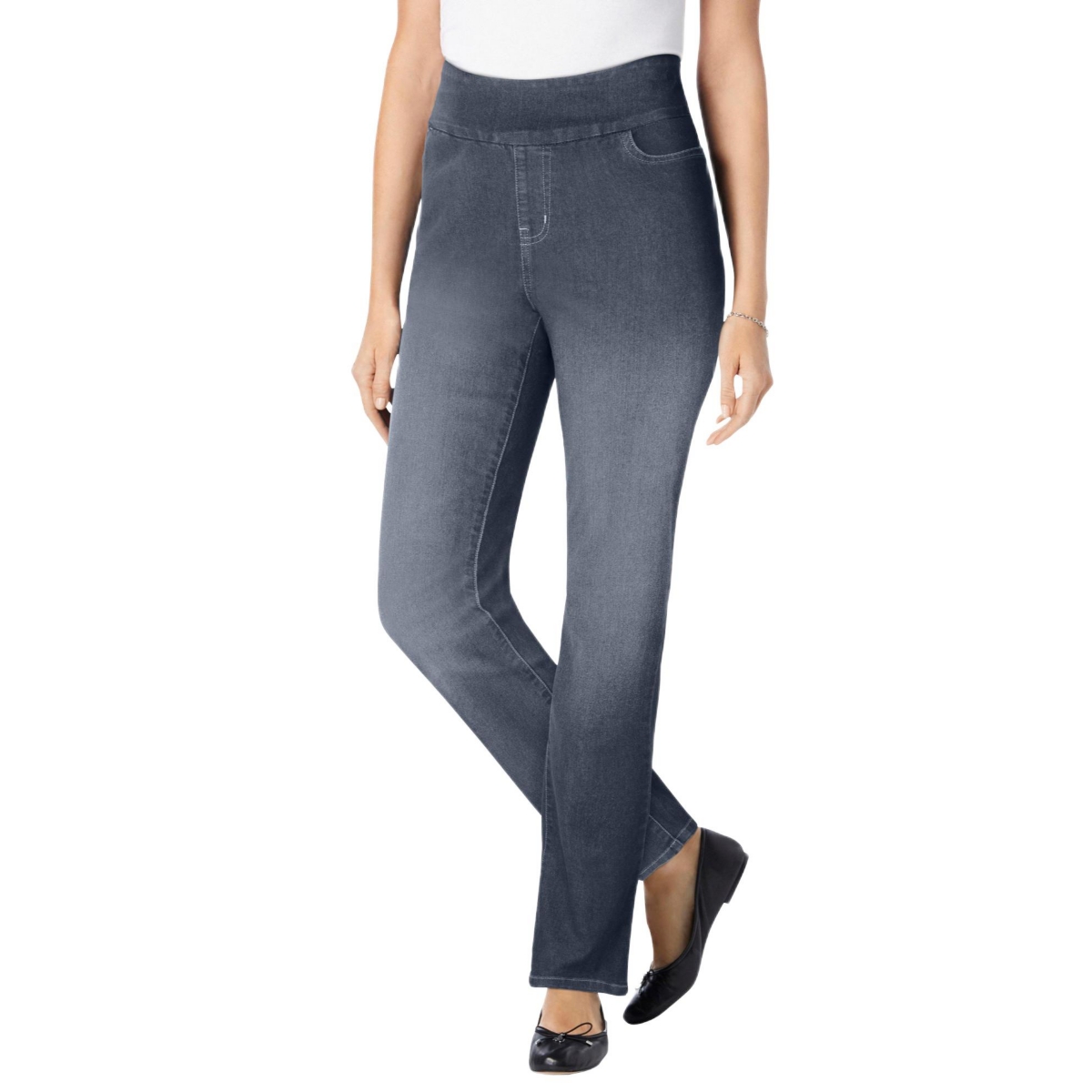 Woman Within Women's Within Tall Flex-Fit Pull-On Straight-Leg Gap-Free Stretch Denim Jeans. - Stonewash sanded