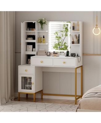 Makeup Vanity with Lights, 3 Lighting Modes Vanity Desk with Soft Cushioned Stool,Modern Dressing Table,Charging Station, 3 Drawers, a Cabinet