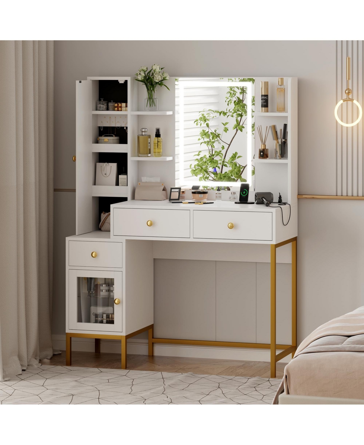 gaomon Makeup Vanity with Lights, 3 Lighting Modes Vanity Desk with Soft Cushioned Stool,Modern Dressing Table,Charging Station, 3 Drawers, a Cabinet