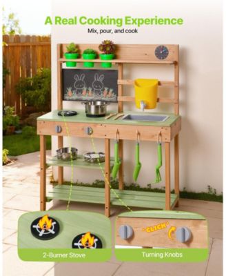 Kids Outdoor Mud Kitchen, Wooden Play Kitchen with Stove, Tank & Sink, Shovels, Spatulas, Box, Cookware Pots & Accessories