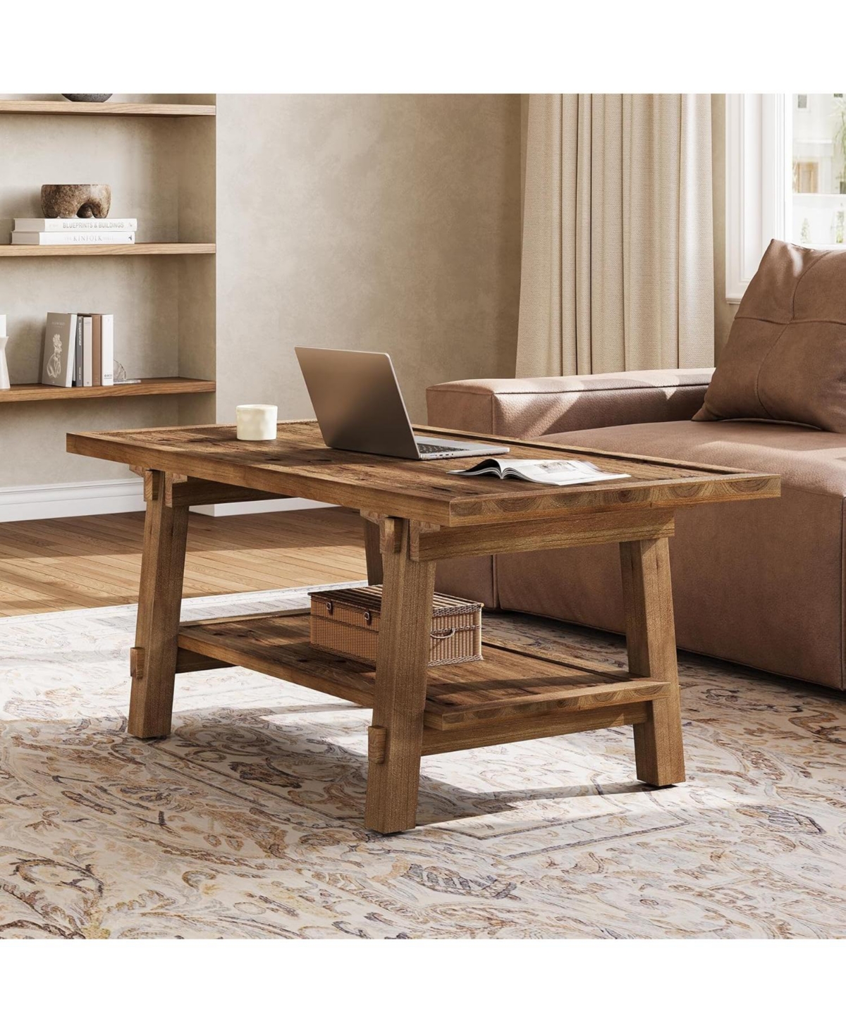 Tribesigns Solid Wood Coffee Table, 47-Inch Rustic Coffee Table for Living Room, 2-Tier Wood Farmhouse Rectangle Center Table with Storage