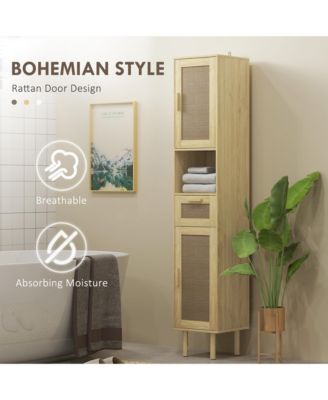 1Pc Rattan Doors, Adjustable Shelves & Slim Design Tall Bathroom Storage Cabinet