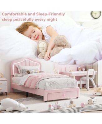 Twin LED Bed Frame with Storage & RGB Lights - Upholstered Platform Bed for Kids, Soft Fleece Fabric, No Box Spring Needed