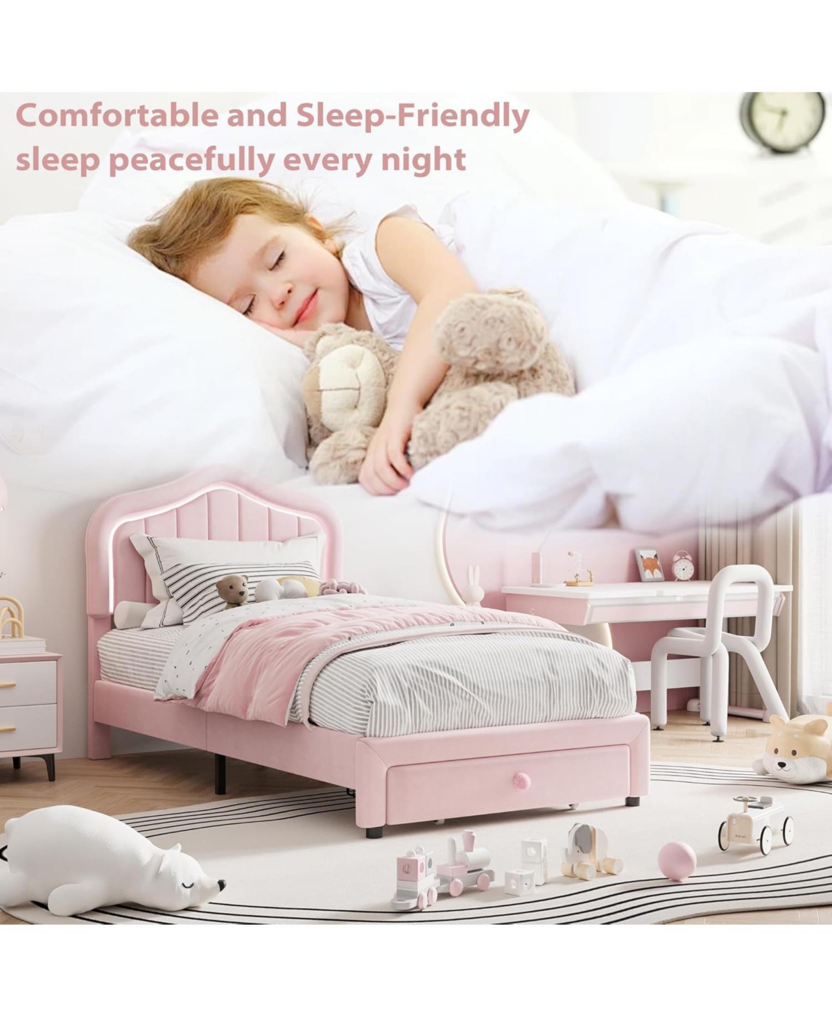 gaomon Twin Led Bed Frame with Storage & Rgb Lights - Upholstered Platform for Kids, Soft Fleece Fabric, No Box Spring Needed