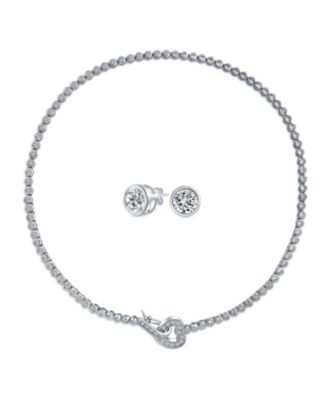 Heart Clasp CZ Cubic Zirconia Bezel Set Tennis Necklace Stud Earrings Collar Jewelry Set