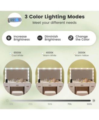 Vanity Desk with Mirror and Lights Storage Stool Power Outlets 3 Lighting Colors